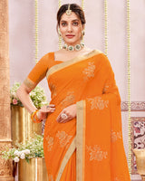 Vishal Prints Saffron Color Designer Chiffon Saree With Embroidery And Diamond Work