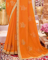 Vishal Prints Saffron Color Designer Chiffon Saree With Embroidery And Diamond Work
