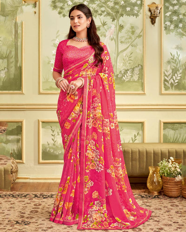 Vishal Prints Carmine Pink Printed Georgette Saree With Fancy Border