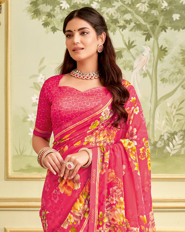 Vishal Prints Carmine Pink Printed Georgette Saree With Fancy Border