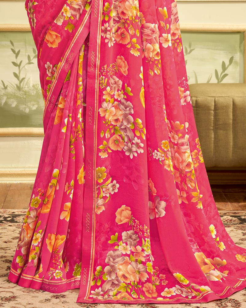 Vishal Prints Carmine Pink Printed Georgette Saree With Fancy Border