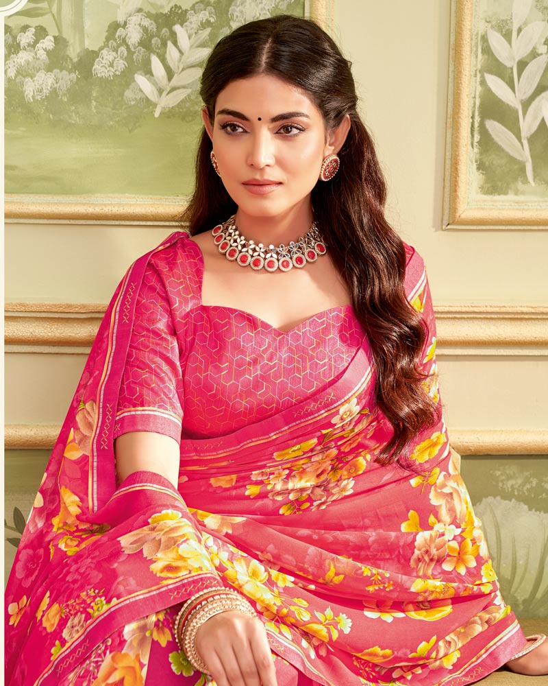 Vishal Prints Carmine Pink Printed Georgette Saree With Fancy Border