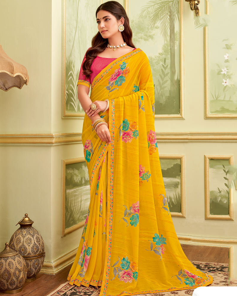 Vishal Prints Orangey Yellow Printed Georgette Saree With Fancy Border