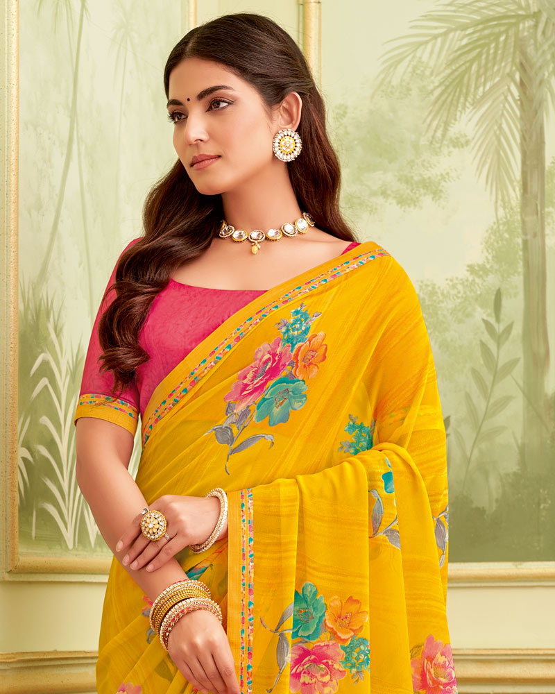 Vishal Prints Orangey Yellow Printed Georgette Saree With Fancy Border