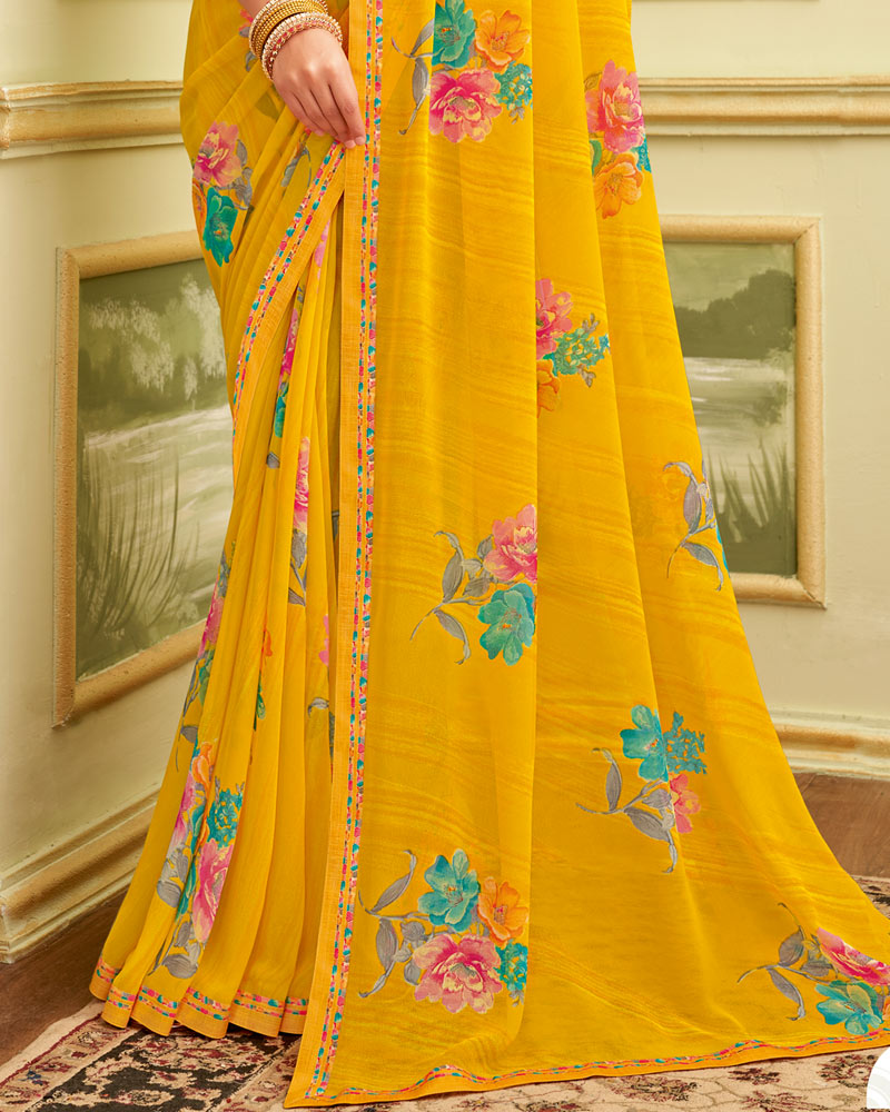 Vishal Prints Orangey Yellow Printed Georgette Saree With Fancy Border