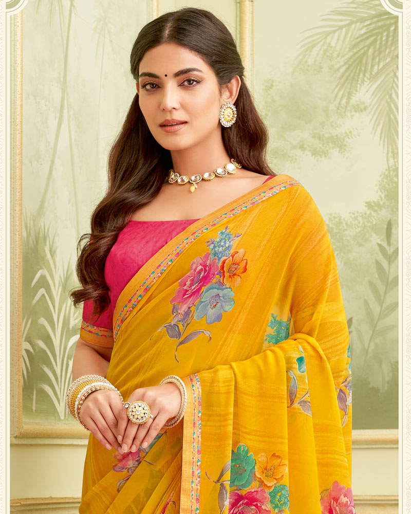 Vishal Prints Orangey Yellow Printed Georgette Saree With Fancy Border