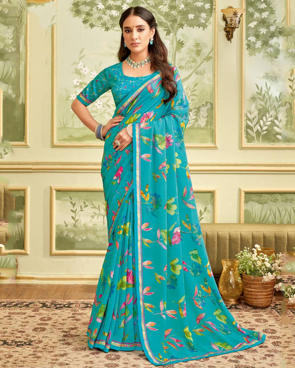 Vishal Prints Dark Teal Blue Printed Georgette Saree With Fancy Border