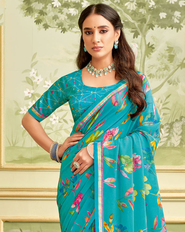 Vishal Prints Dark Teal Blue Printed Georgette Saree With Fancy Border