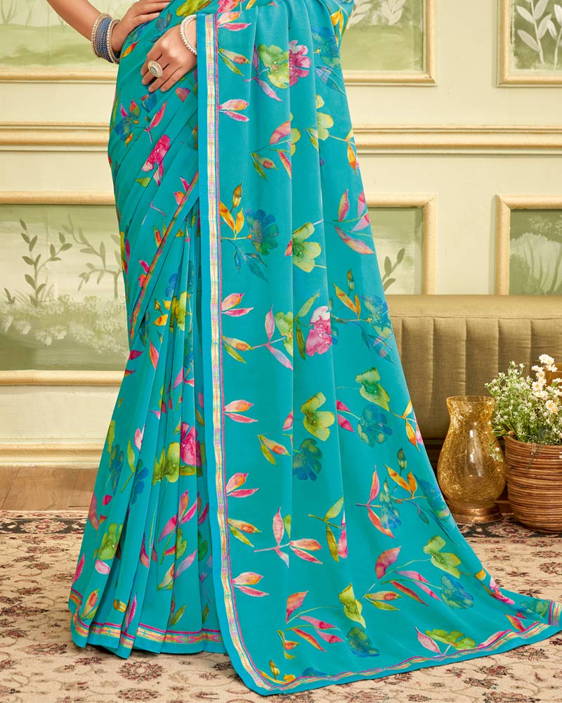 Vishal Prints Dark Teal Blue Printed Georgette Saree With Fancy Border