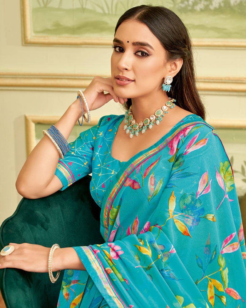 Vishal Prints Dark Teal Blue Printed Georgette Saree With Fancy Border