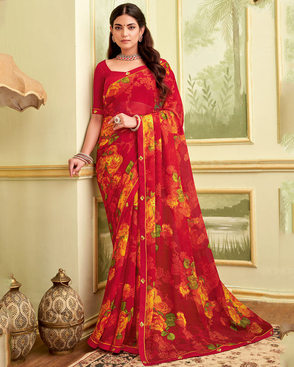 Vishal Prints Lipstick Red Printed Georgette Saree With Fancy Border