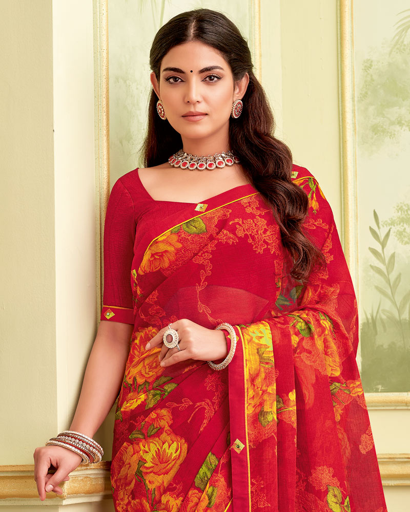 Vishal Prints Lipstick Red Printed Georgette Saree With Fancy Border