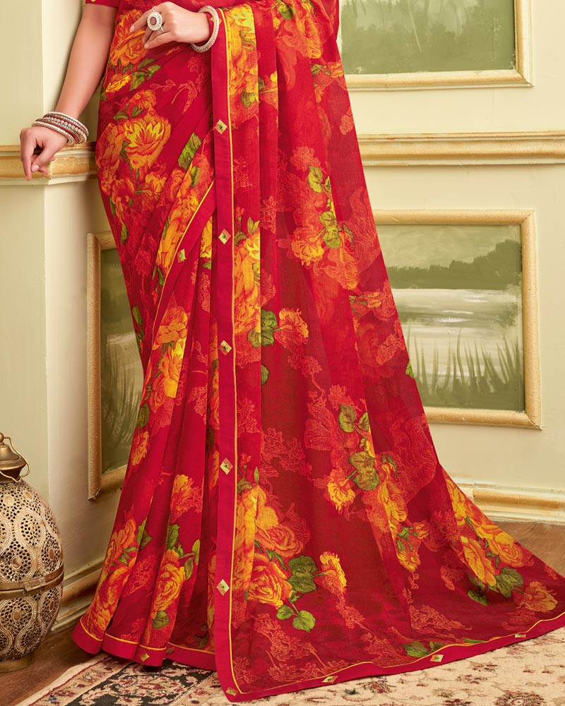 Vishal Prints Lipstick Red Printed Georgette Saree With Fancy Border