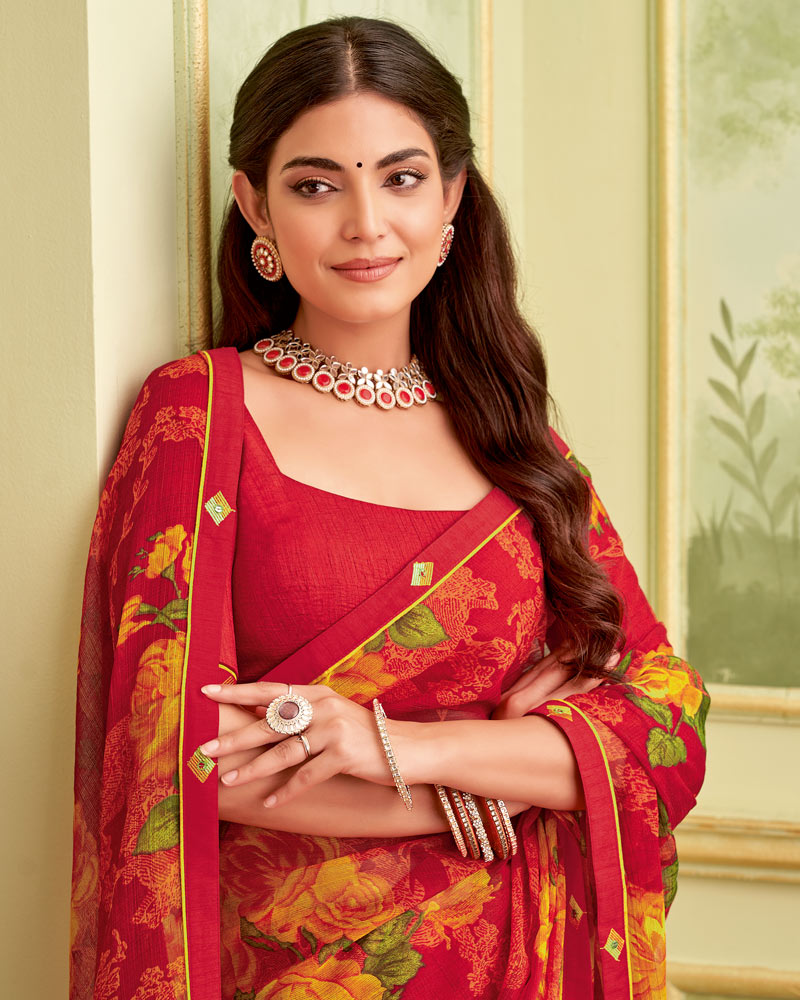 Vishal Prints Lipstick Red Printed Georgette Saree With Fancy Border