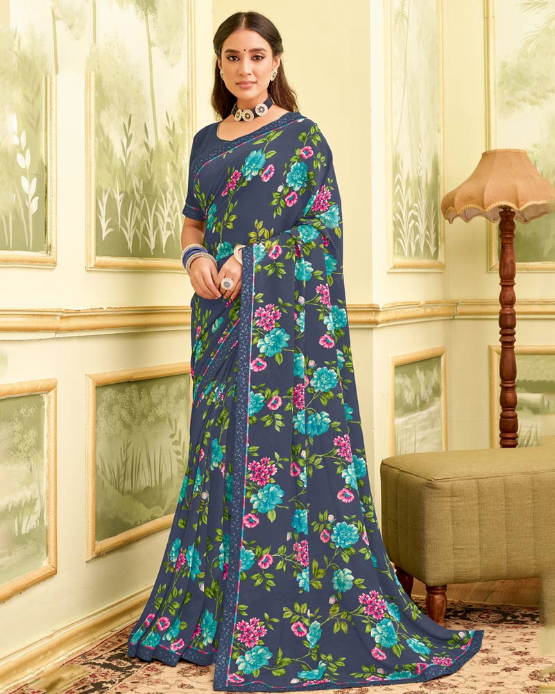 Vishal Prints Dark Bluish Grey Printed Georgette Saree With Fancy Border
