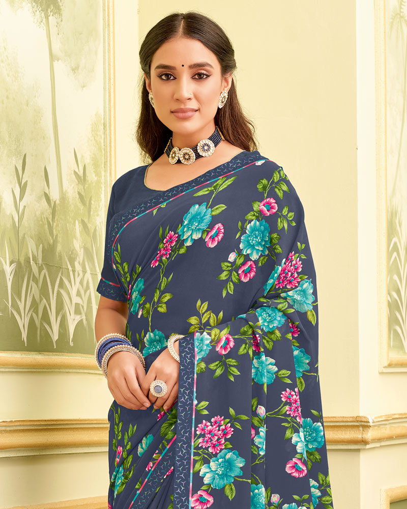 Vishal Prints Dark Bluish Grey Printed Georgette Saree With Fancy Border