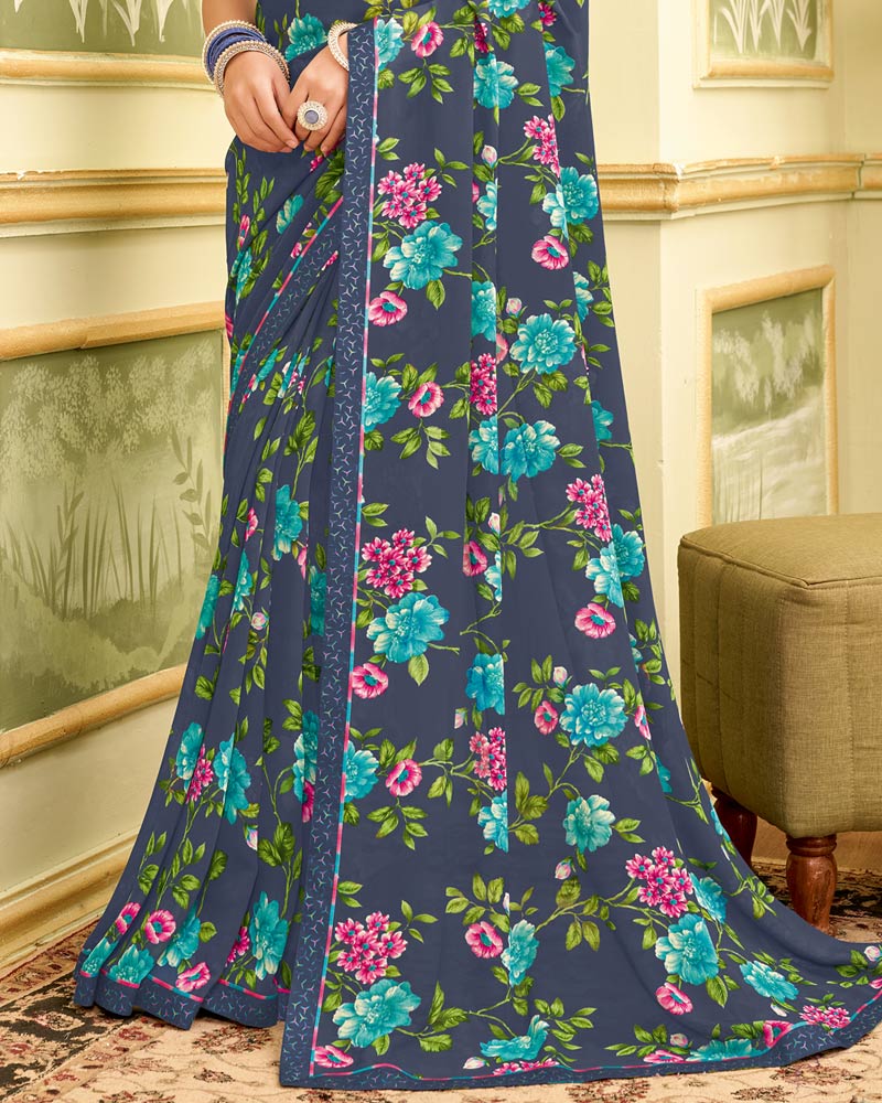 Vishal Prints Dark Bluish Grey Printed Georgette Saree With Fancy Border
