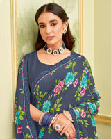 Vishal Prints Dark Bluish Grey Printed Georgette Saree With Fancy Border