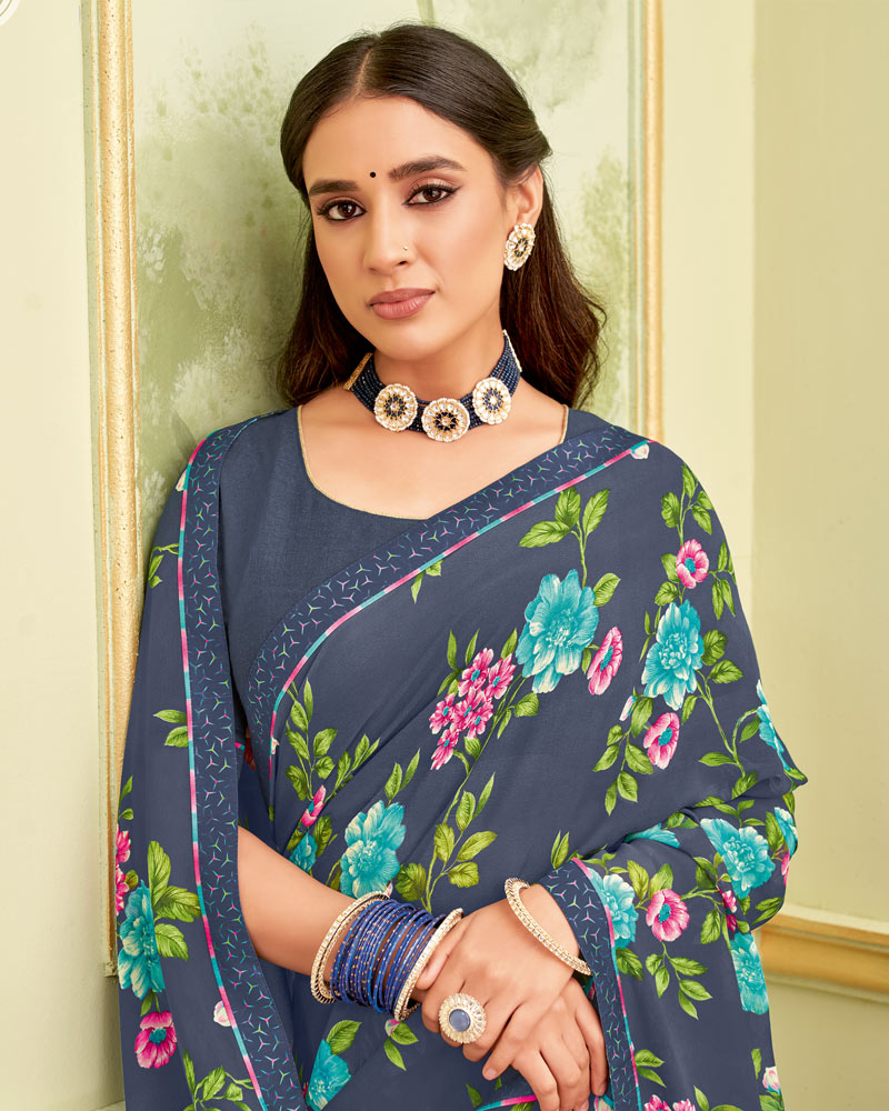 Vishal Prints Dark Bluish Grey Printed Georgette Saree With Fancy Border