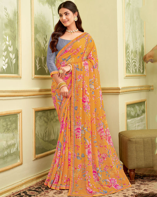 Vishal Prints Faded Orange Printed Georgette Saree With Fancy Border
