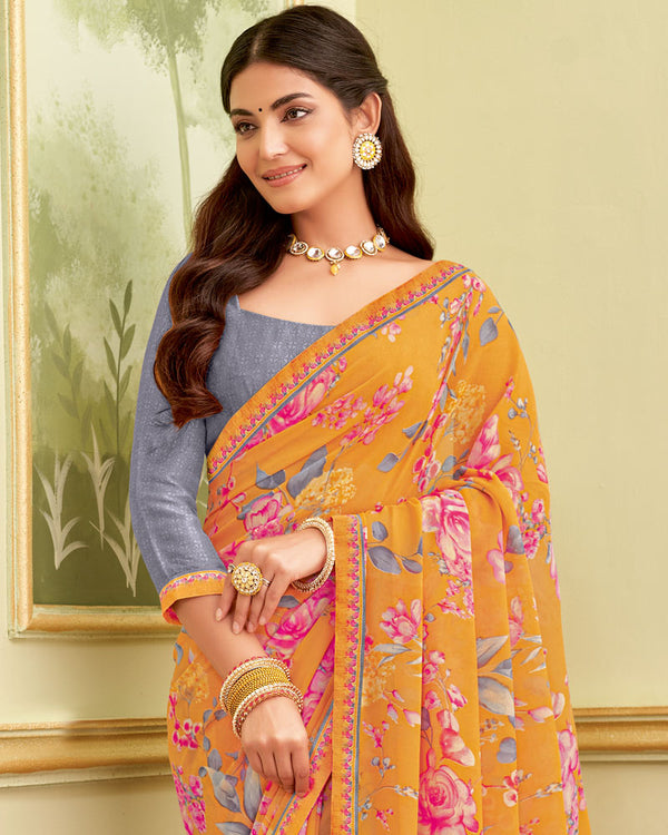 Vishal Prints Faded Orange Printed Georgette Saree With Fancy Border
