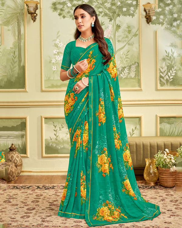 Vishal Prints Deep Sea Green Printed Georgette Saree With Fancy Border