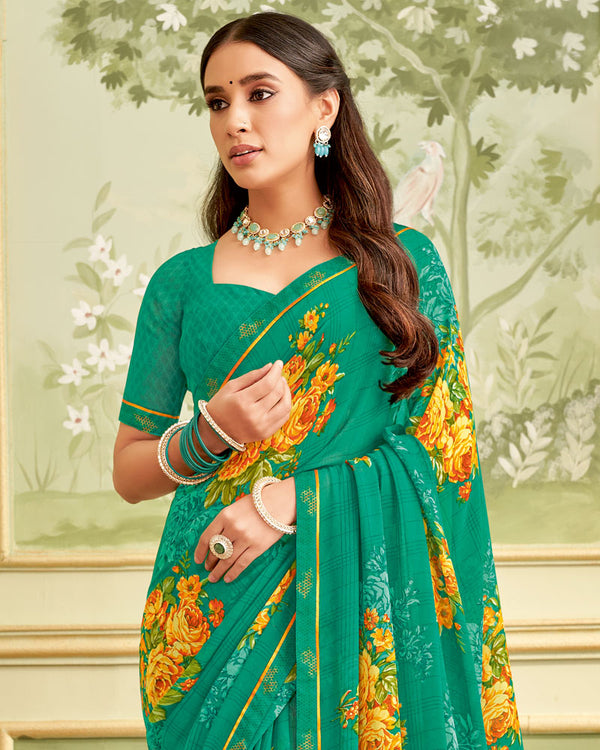 Vishal Prints Deep Sea Green Printed Georgette Saree With Fancy Border