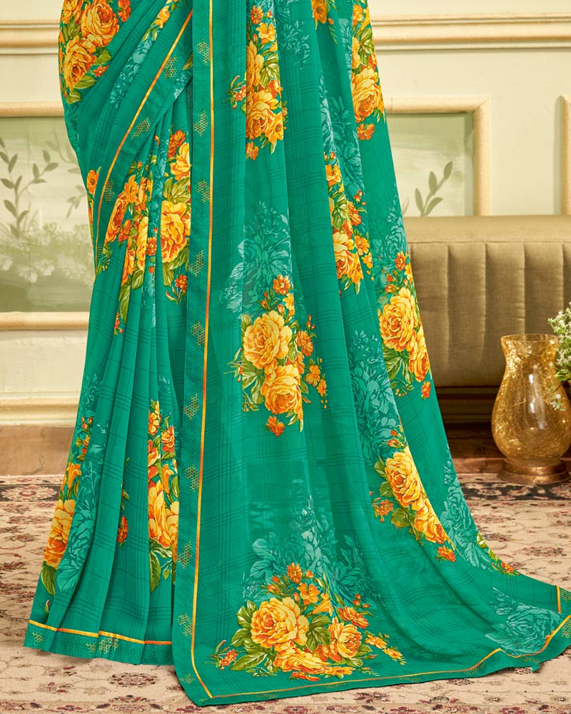 Vishal Prints Deep Sea Green Printed Georgette Saree With Fancy Border