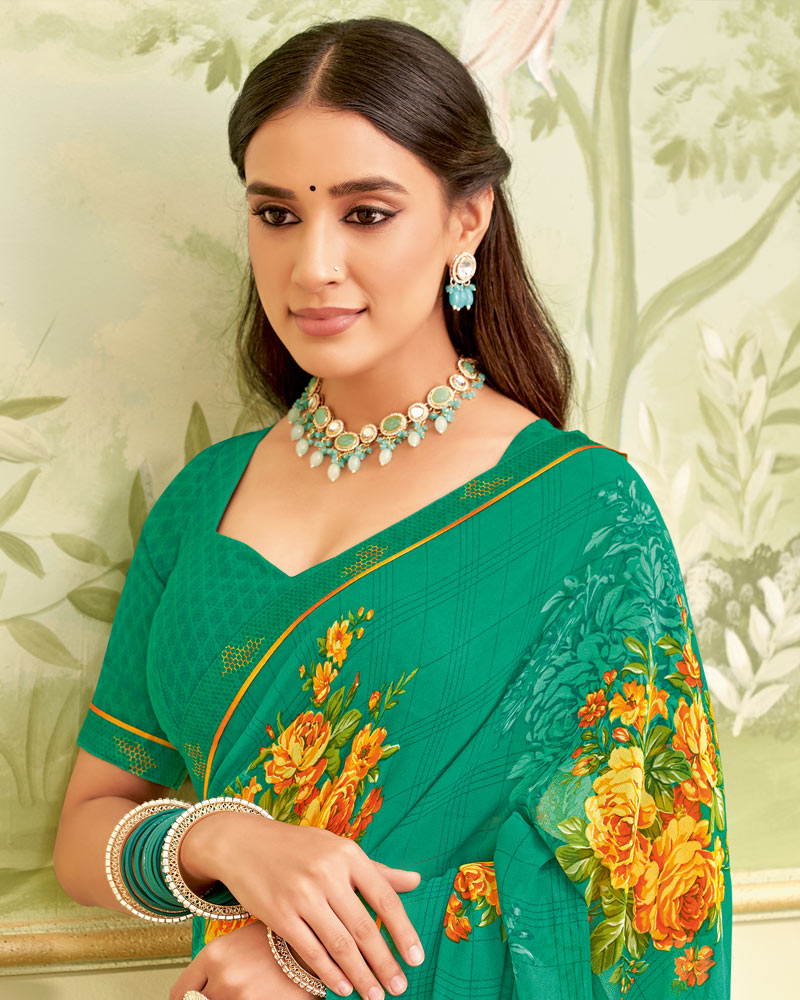 Vishal Prints Deep Sea Green Printed Georgette Saree With Fancy Border