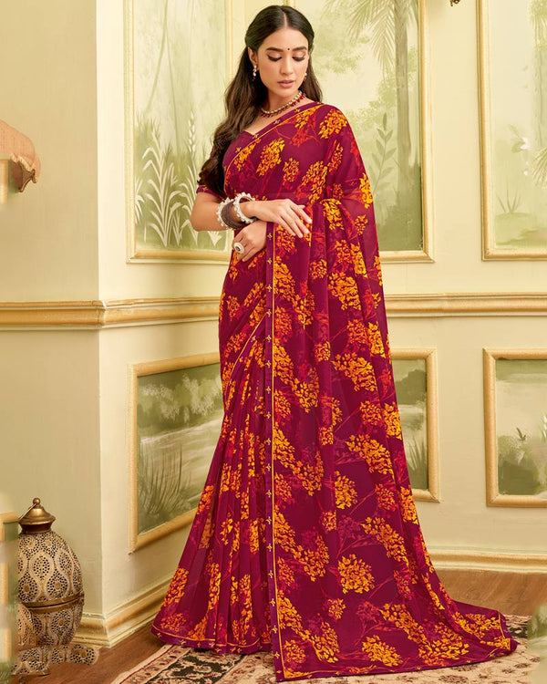 Vishal Prints Burgundy Printed Georgette Saree With Fancy Border