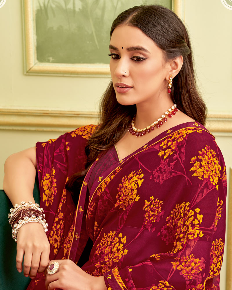 Vishal Prints Burgundy Printed Georgette Saree With Fancy Border