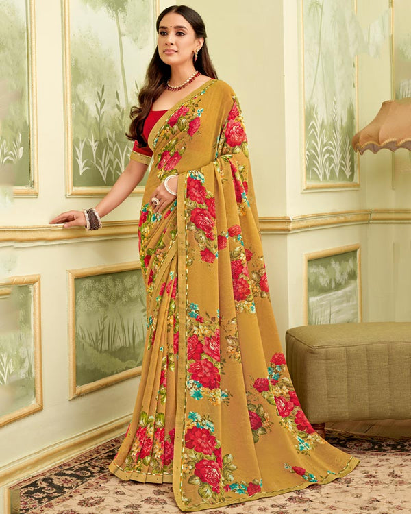 Vishal Prints Dull Orange Printed Georgette Saree With Fancy Border