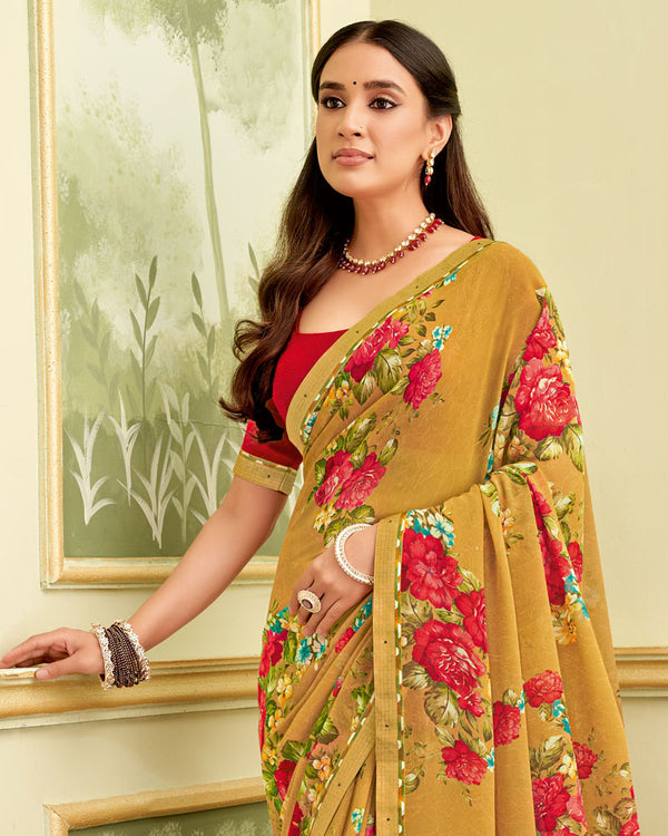 Vishal Prints Dull Orange Printed Georgette Saree With Fancy Border