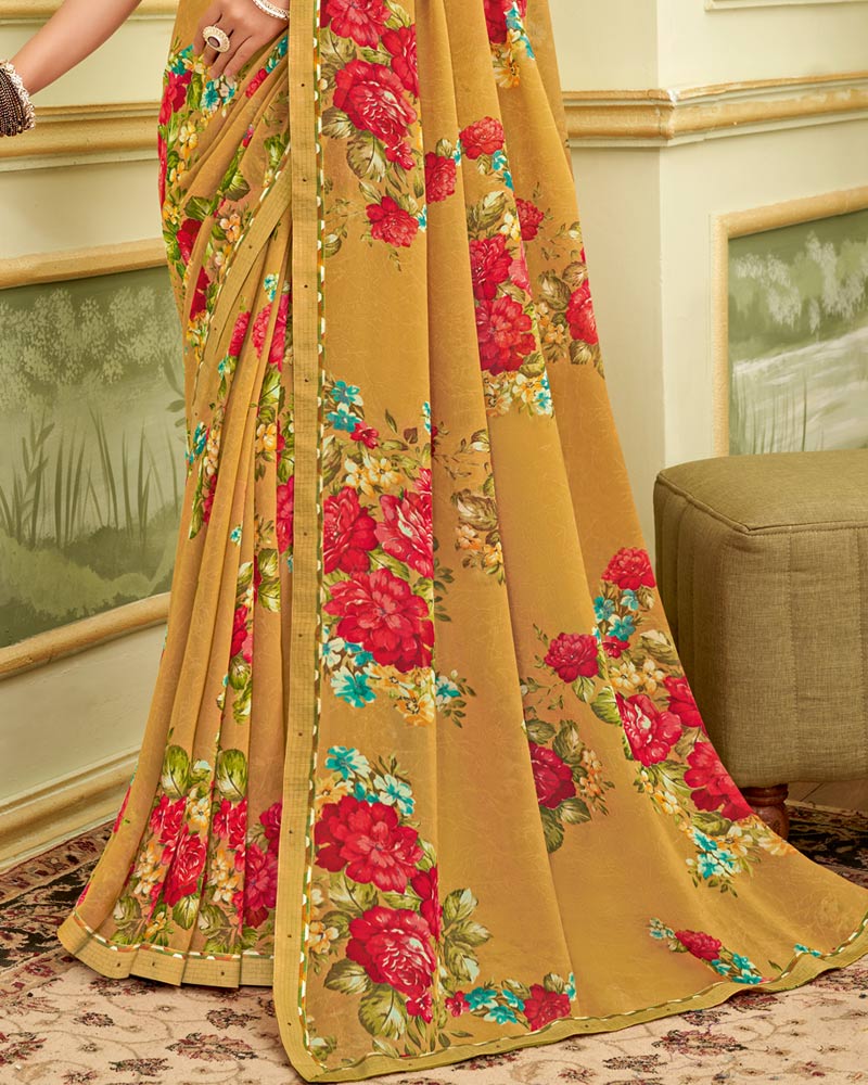 Vishal Prints Dull Orange Printed Georgette Saree With Fancy Border