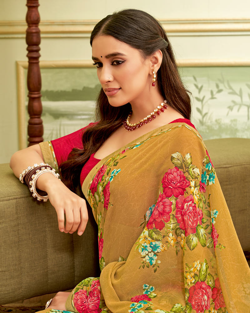 Vishal Prints Dull Orange Printed Georgette Saree With Fancy Border