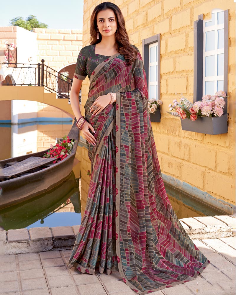 Vishal Prints Dusty Mauve Printed Chiffon Saree With Fancy Border
