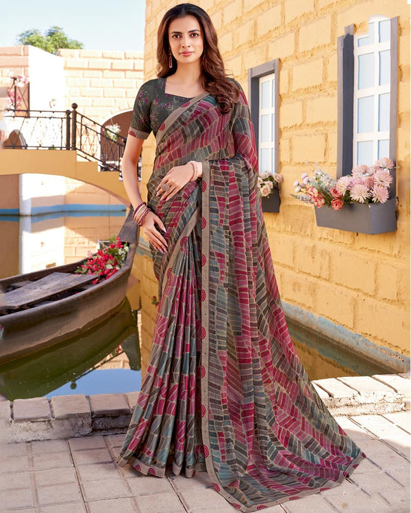 Vishal Prints Dusty Mauve Printed Chiffon Saree With Fancy Border