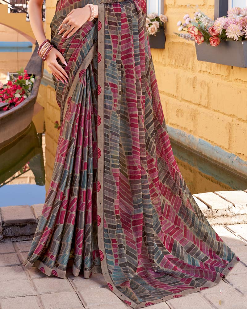 Vishal Prints Dusty Mauve Printed Chiffon Saree With Fancy Border