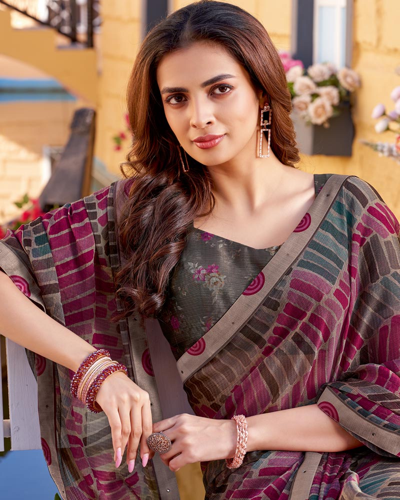 Vishal Prints Dusty Mauve Printed Chiffon Saree With Fancy Border