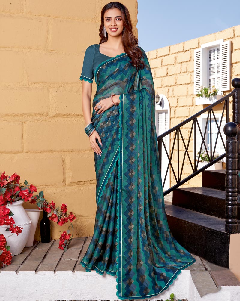 Vishal Prints Deep Sea Green Printed Chiffon Saree With Fancy Border