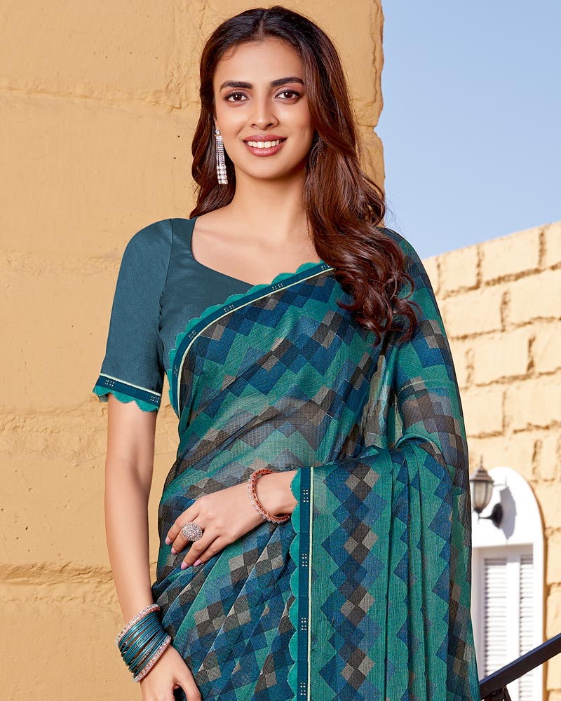 Vishal Prints Deep Sea Green Printed Chiffon Saree With Fancy Border