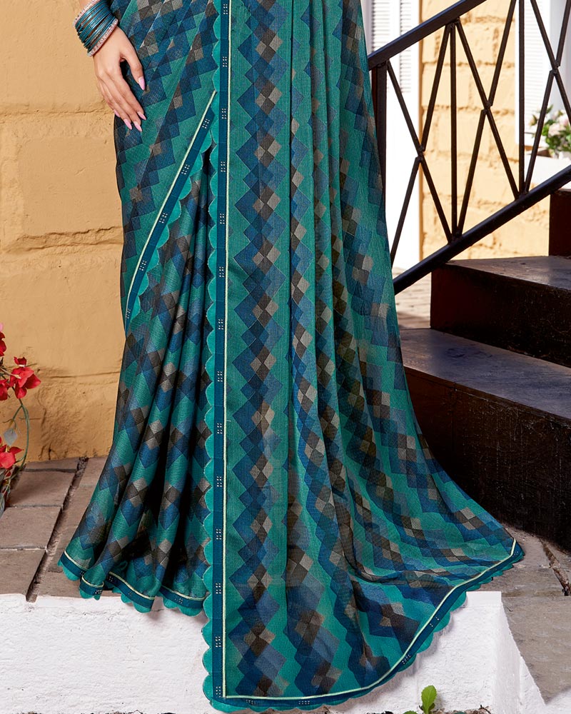 Vishal Prints Deep Sea Green Printed Chiffon Saree With Fancy Border