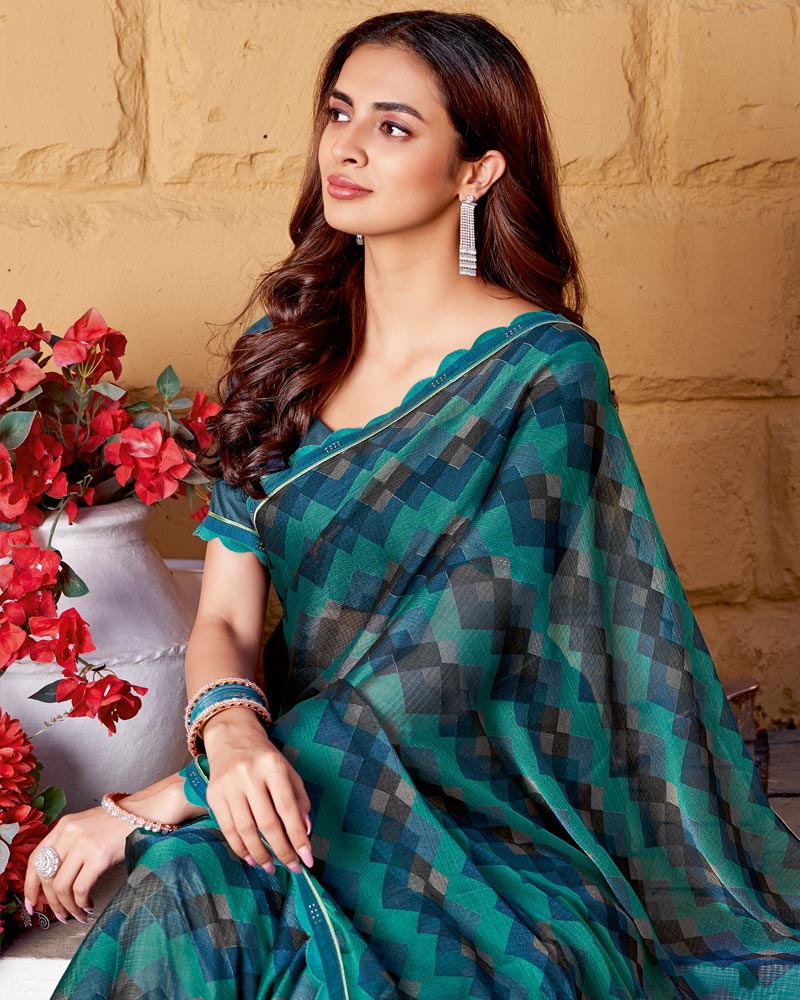 Vishal Prints Deep Sea Green Printed Chiffon Saree With Fancy Border