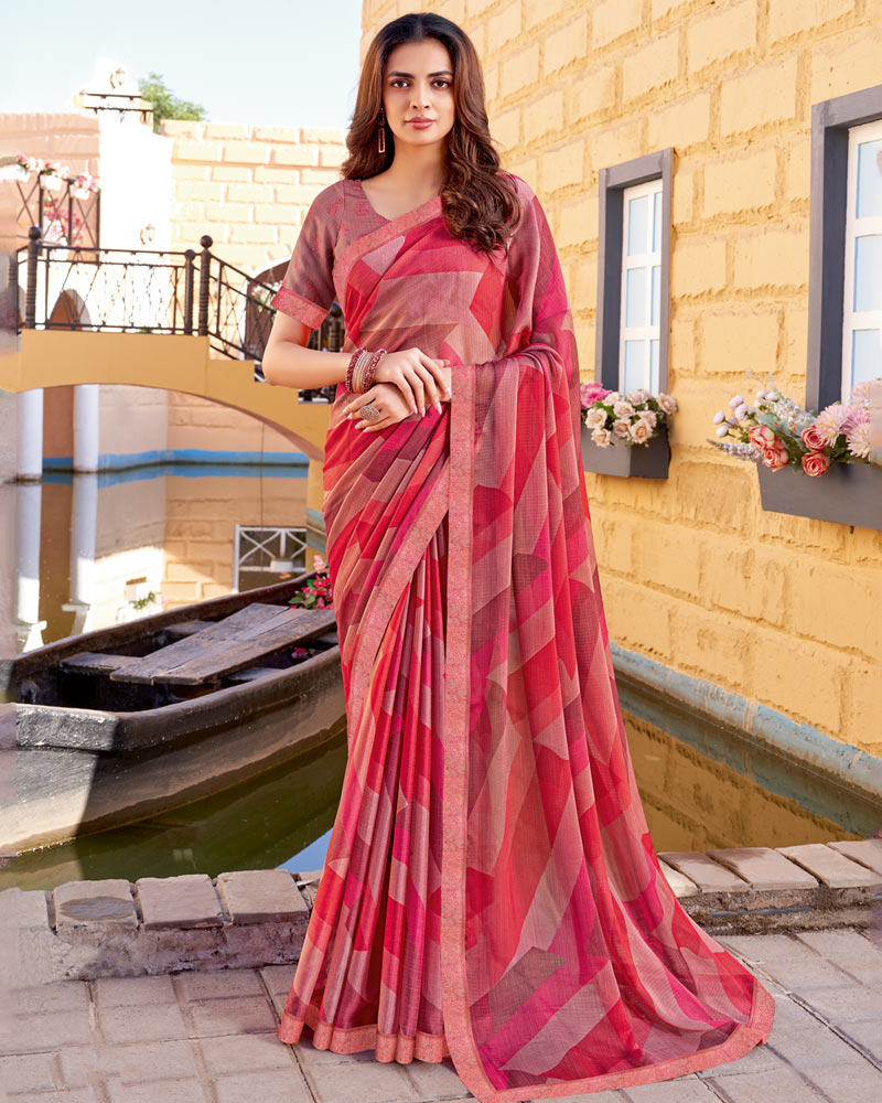 Vishal Prints Cardinal Pink Printed Chiffon Saree With Fancy Border
