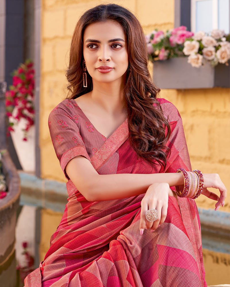 Vishal Prints Cardinal Pink Printed Chiffon Saree With Fancy Border