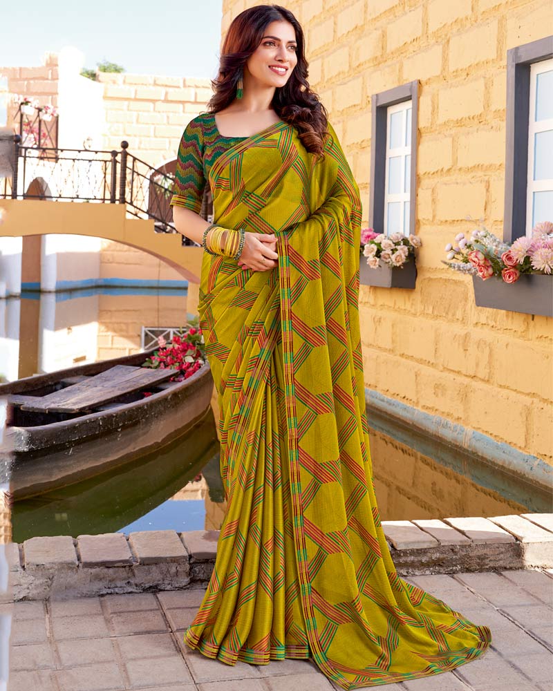 Vishal Prints Olive Yellow Printed Chiffon Saree With Fancy Border