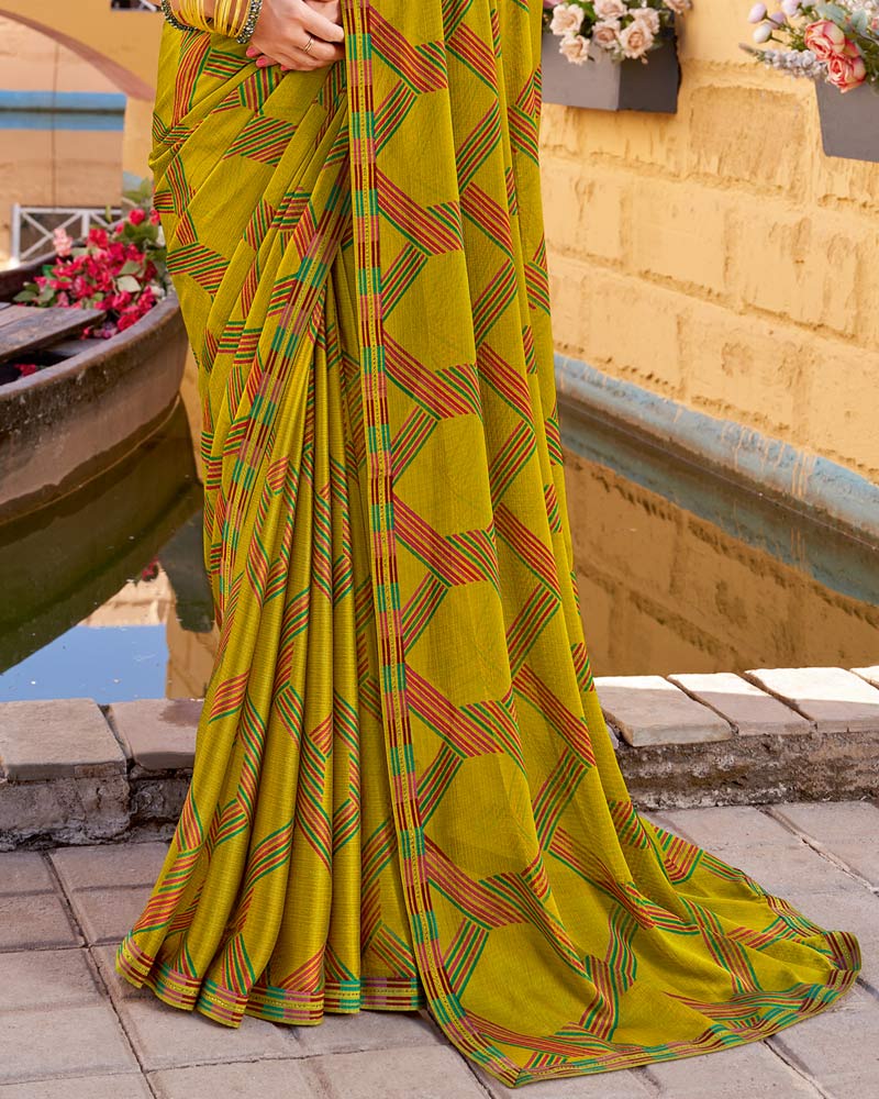 Vishal Prints Olive Yellow Printed Chiffon Saree With Fancy Border