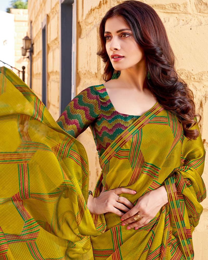 Vishal Prints Olive Yellow Printed Chiffon Saree With Fancy Border