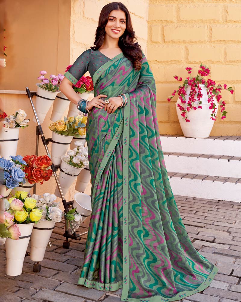 Vishal Prints Spanish Green Printed Chiffon Saree With Fancy Border