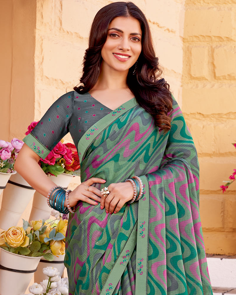 Vishal Prints Spanish Green Printed Chiffon Saree With Fancy Border
